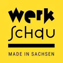 Gelber Hintergrund mit schwarzer Schrift, Logo: Werkschau Made in Sachsen